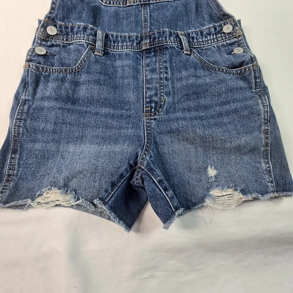 Old Navy Denim Shortalls Girls L 10-12 Blue Distressed Raw Hem Overalls Country